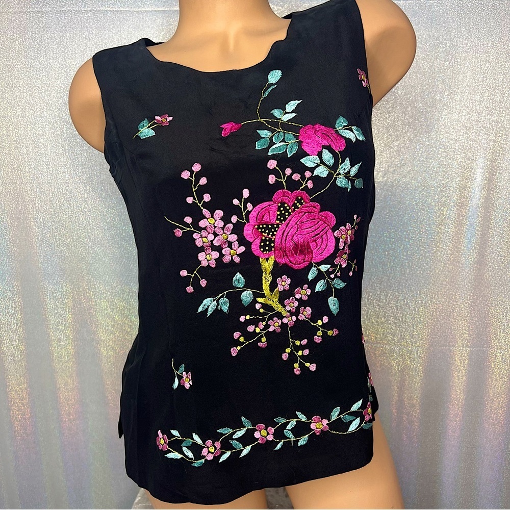 Floral embroidery top tank multi Color pink green blue black side slits zip up